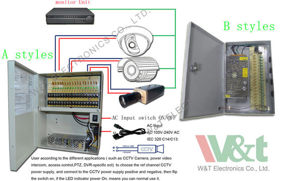بناء 20A 12V العاصمة الدوائر التلفزيونية المغلقة امدادات الطاقة محول 240W مع 18 قناة الإخراج